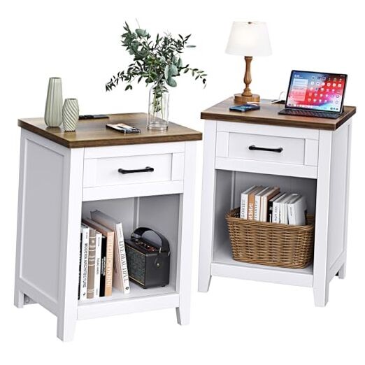 Farmhouse Nightstand with Charging Station & Large 2 Pure White + Walnut