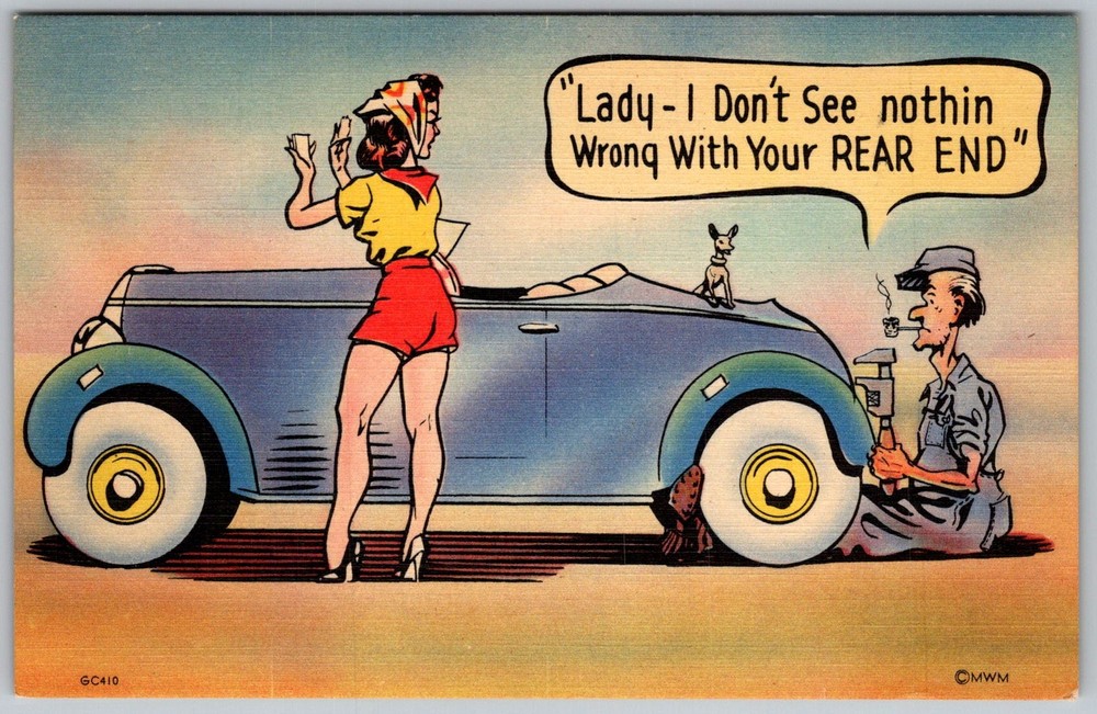 Vtg Postcard Pinup Car Repair Cartoon 1950s