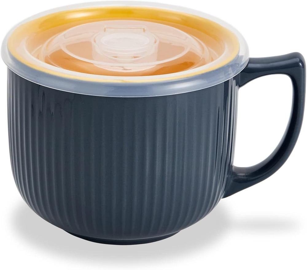Ceramic Soup Bowl with Handle 32Oz – Microwave Ramen Bowl with Lid, Soup Mugs &