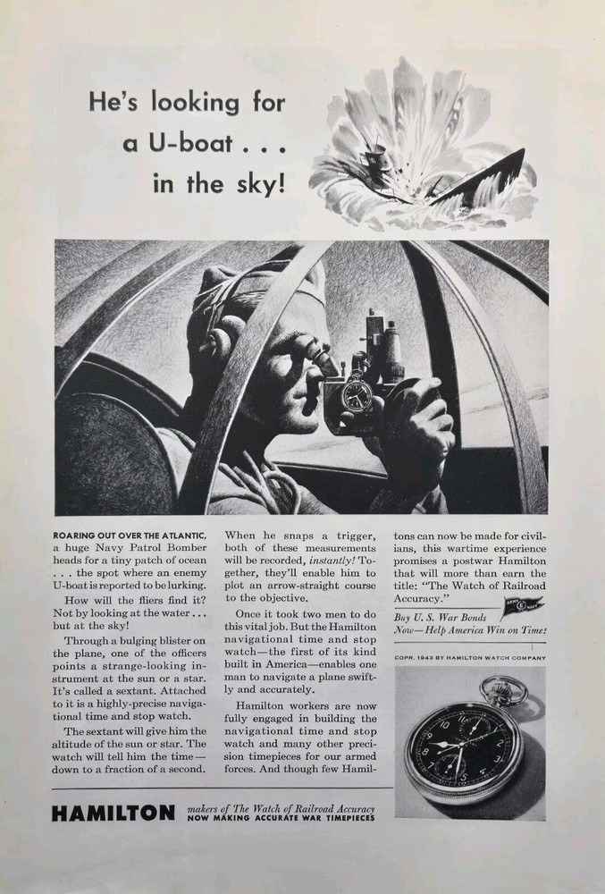 Hamilton Accurate War Timepieces Navy U-boat Patrol Flight Vintage Print Ad 1943-image