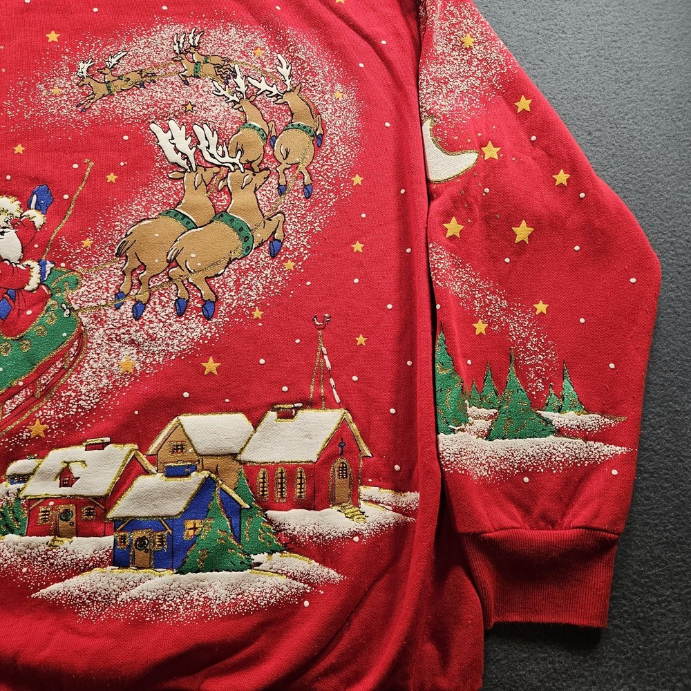 Vintage Holiday Time Sweatshirt Womens Medium Red Santa Reindeer Christmas 90s