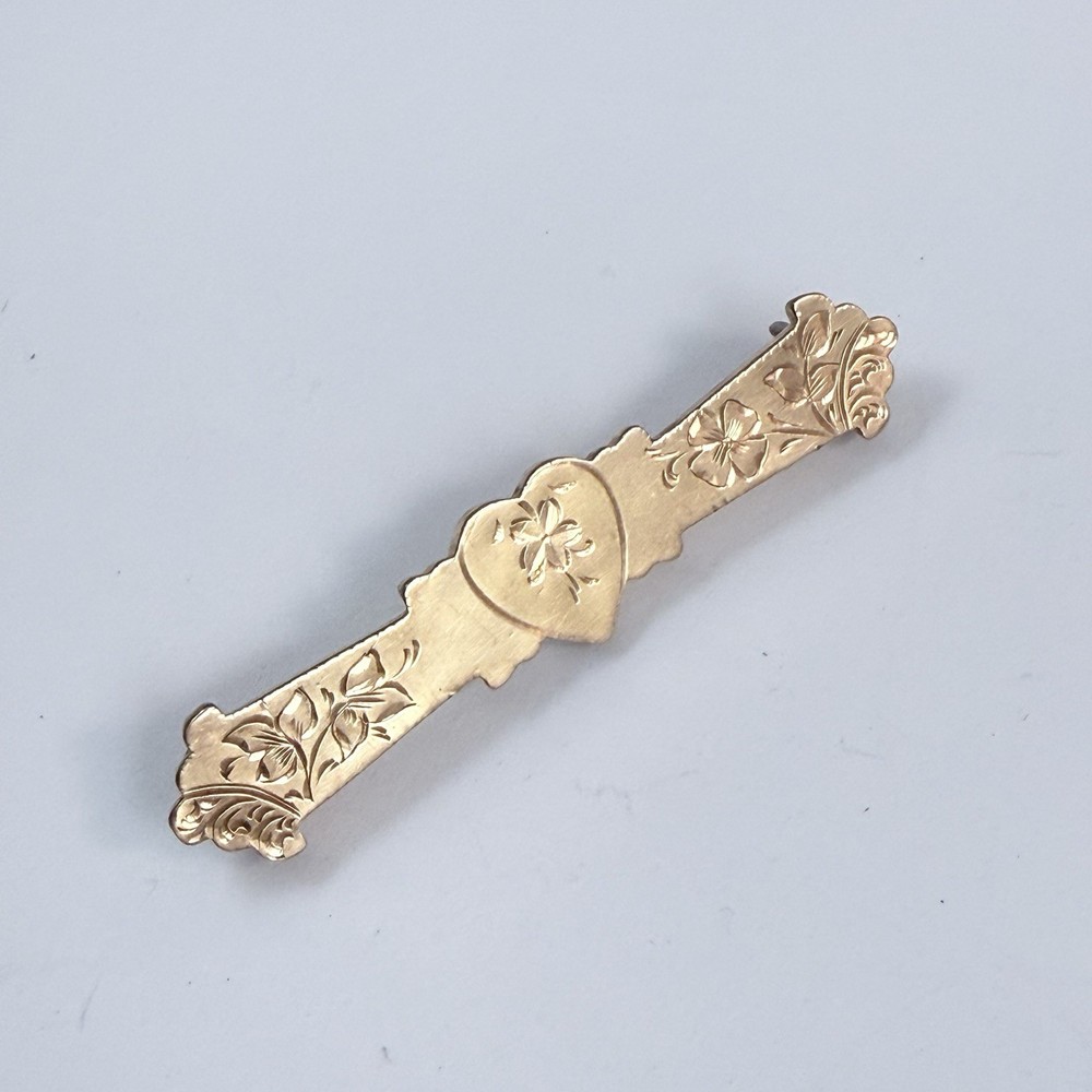 Antique Victorian Gold Filled Etched Flower Heart Bar Pin Brooch