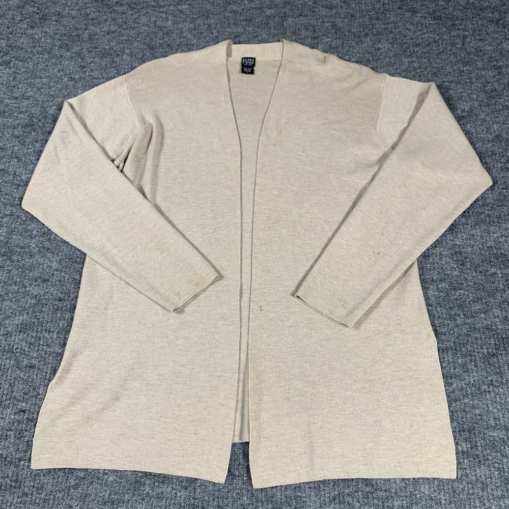 Eileen Fisher Cardigan Womens L Beige Wool Open Front Lightweight Minimalist