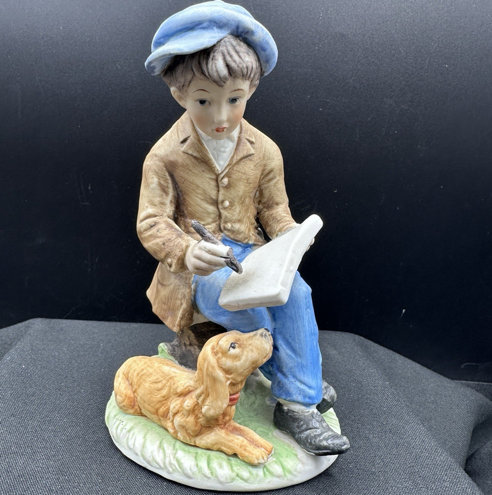 Vtg Made In Italy Boy Reading Book With Dog Figurine Hand Painted Ceramic 6