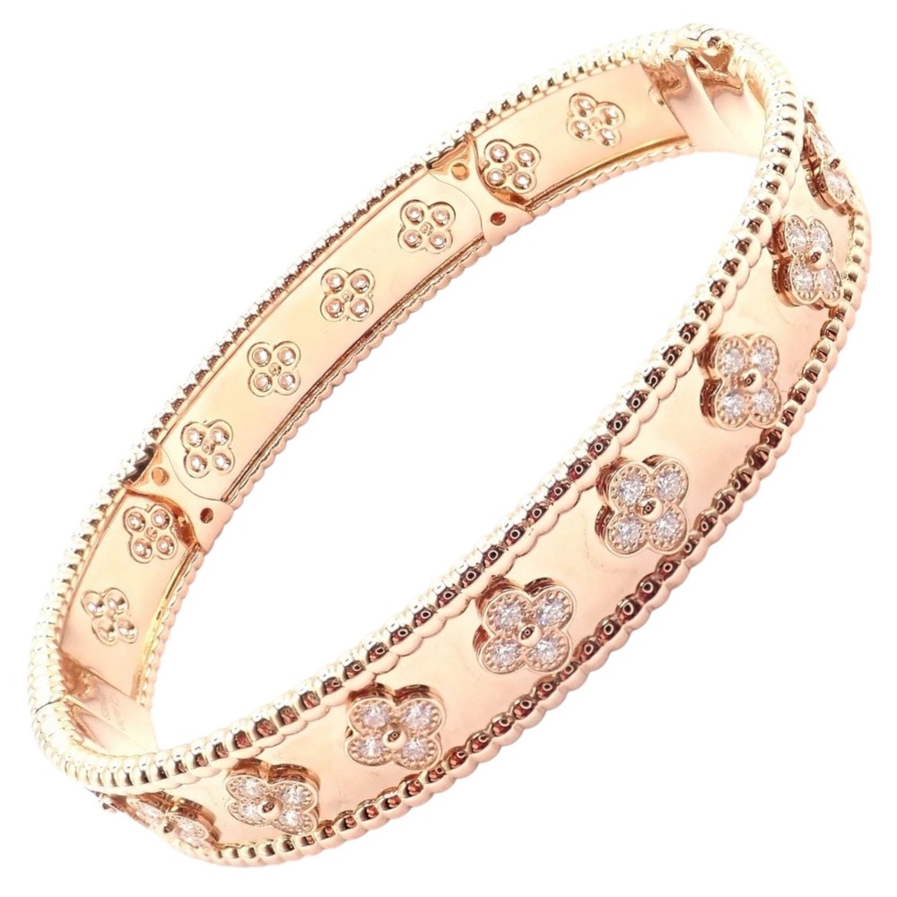 Authentic! Van Cleef & Arpels 18k Rose Gold Diamond Clovers Bangle Bracelet