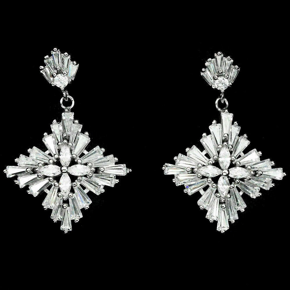 Silver Earrings Zircon White Lab Created Stones Solid Sterling Cluster Design