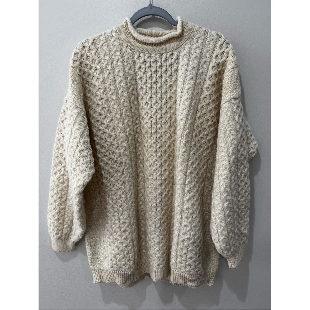 Vtg Sz Medium Wool Alpaca Roll Neck Sweater Fisherman Cable Knit Irish Sweater