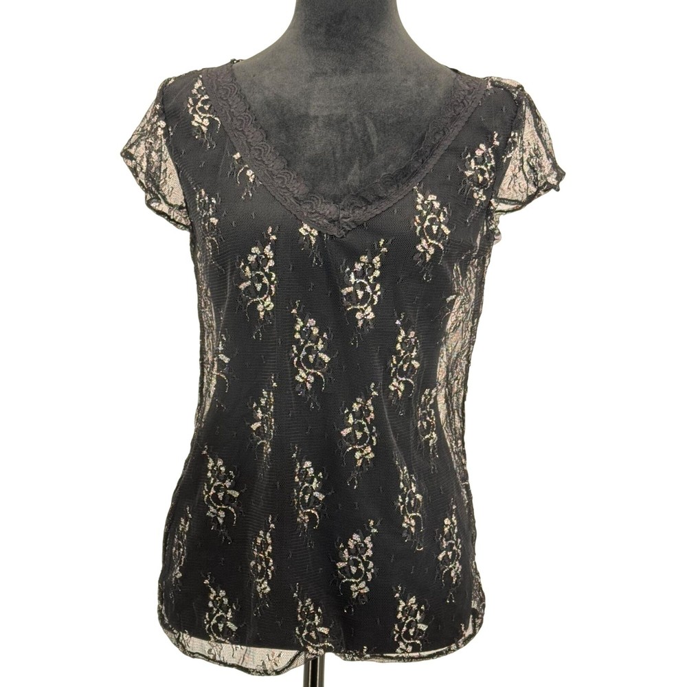 Old Navy Lace Top XL Womens Black Floral Silver Coquette Y2K Flutter Going Out