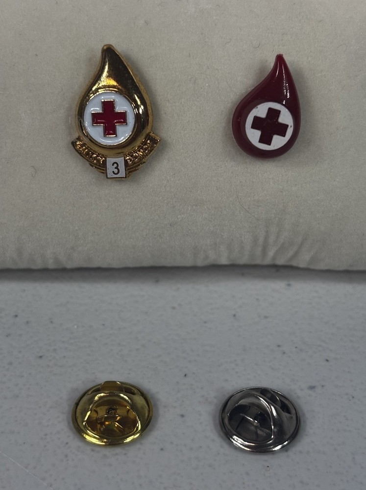Gold Toned Metallic Red Cross  3 Gallon Blood Donor & Logo Lapel Pin