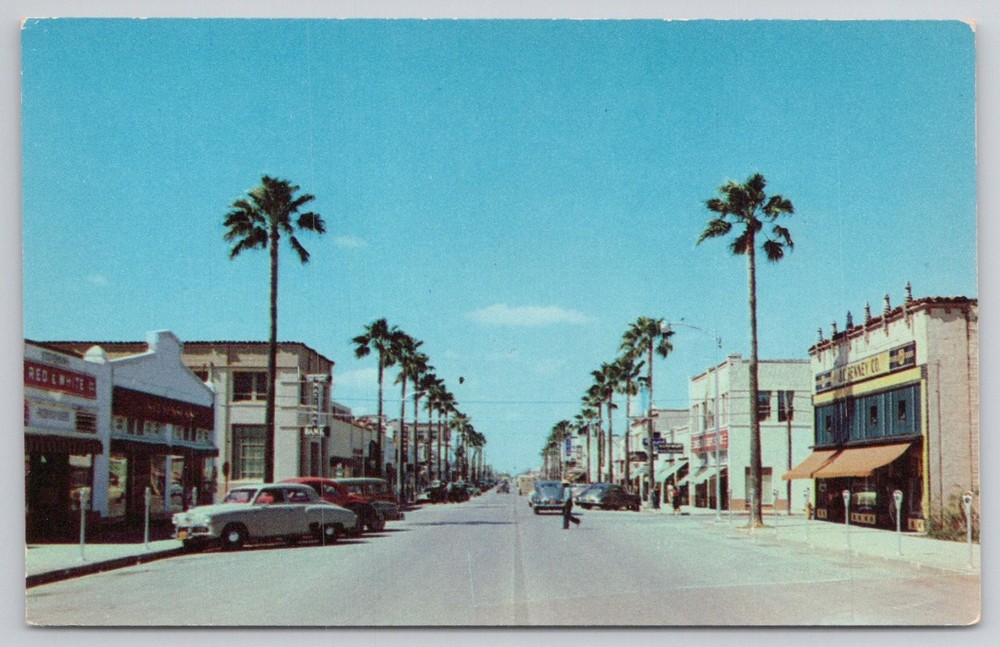 Weslaco Texas Avenue Main Street Palm Trees Dextone Postcard Ektachrome