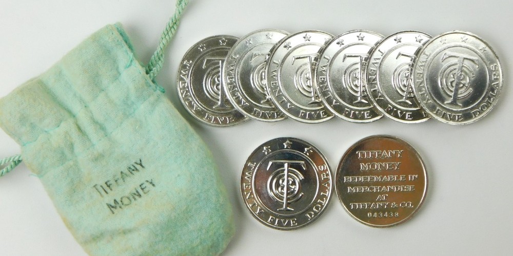 (8) Tiffany & Co. $5 Tiffany Money Tokens & Draw String Pouch C4607