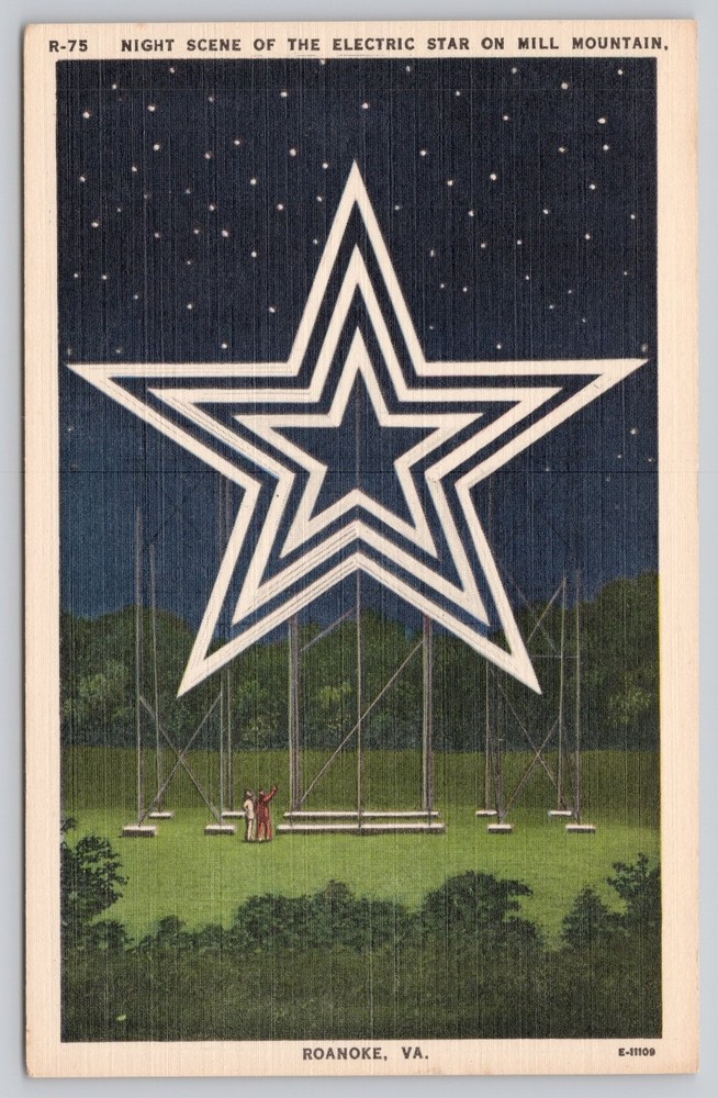 Linen Postcard Night Scene Electric Star Mill Mountain Roanoke VA