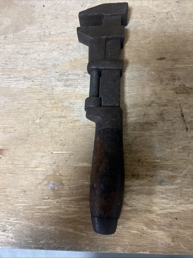 Vintage Steel Adjustable Monkey Wrench 12 Inch Long Wood Clad Handle USA.