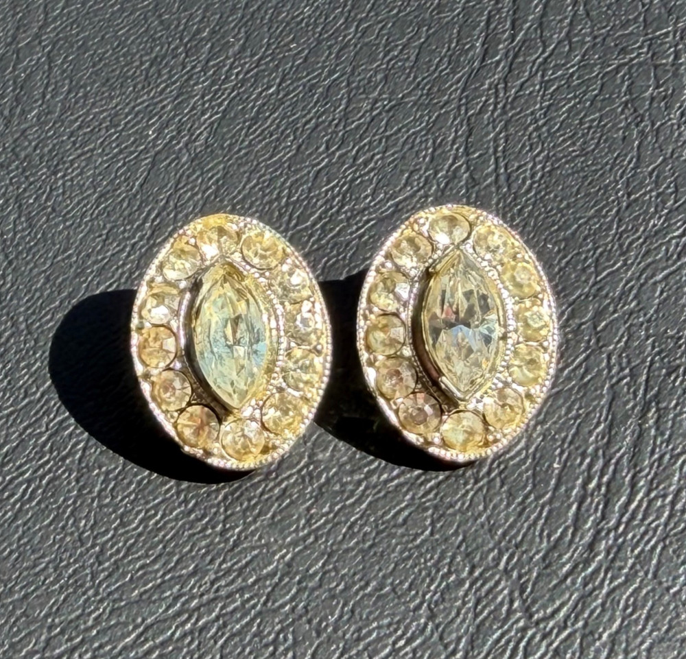 Vintage Bogoff Clip-On Earrings Marquis Rhinestone Signed