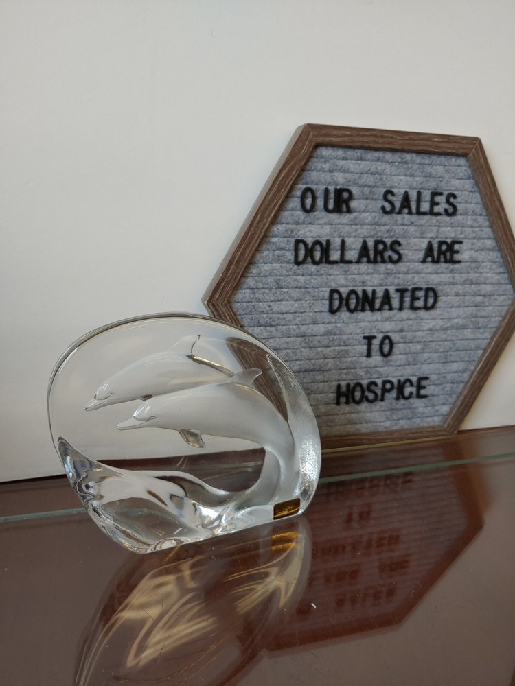 Mats Jonasson Sweden Dolphins Porpoise Etched Signed Full Lead Crystal Sculpture