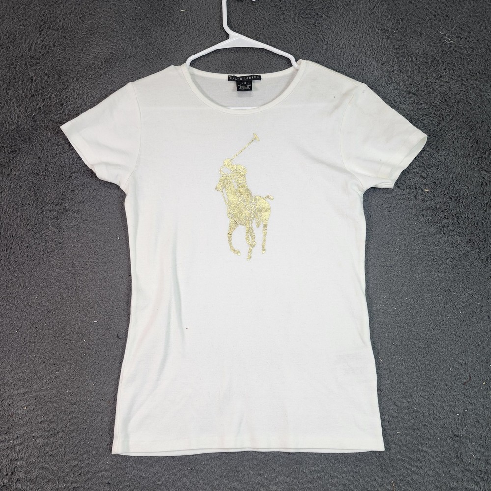 Ralph Lauren Shirt Womens XS White Gold Big Pony Graphic Crewneck Tee Top