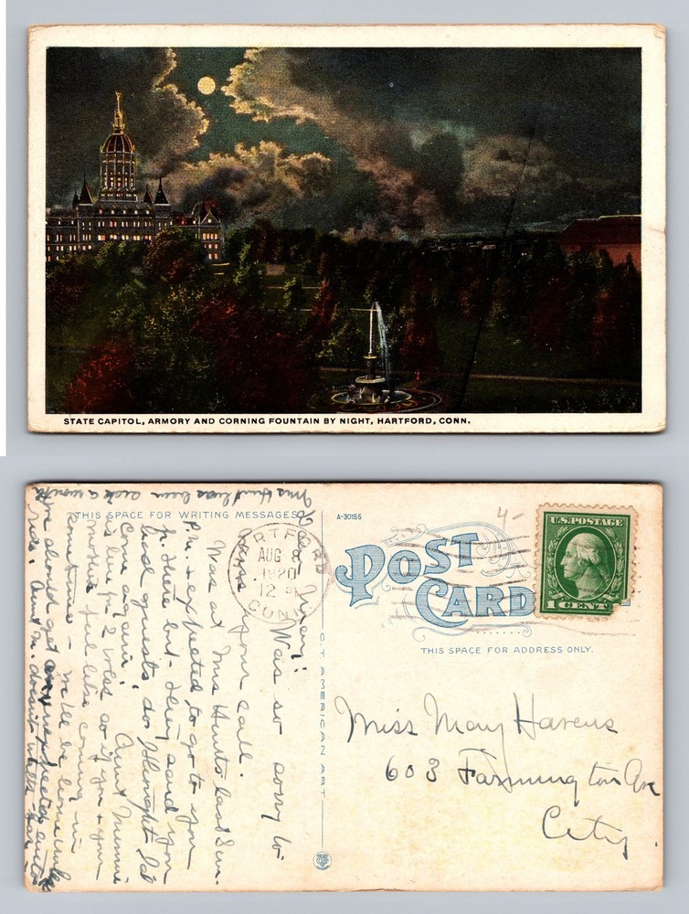 Hartford, CT-Connecticut, Capitol at Night Moonlit View c1920 Vintage Postcard