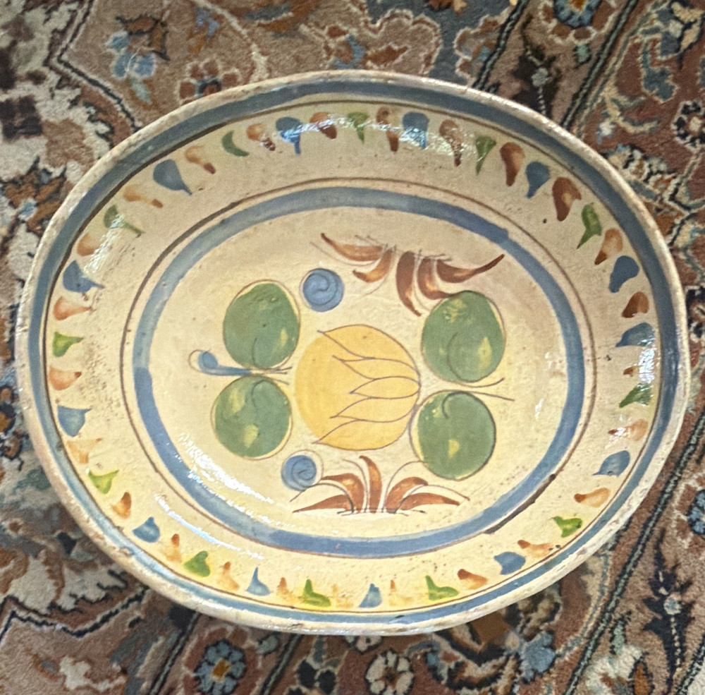 Hand-Painted Art Pottery Floral Decorative Plate, Round Glossy Beige Blue
