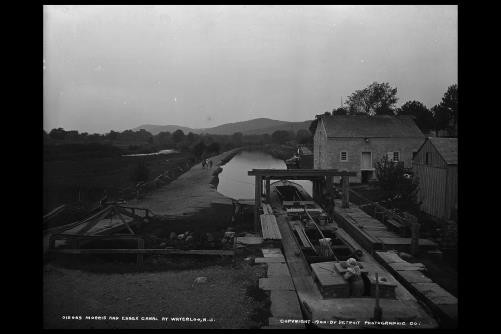 Morris,Essex Canal,barges,buildings,boats,ships,Waterloo,New Jersey,NJ,c1900