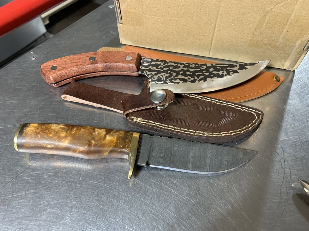 Damascus Fixed Blade Knife And Japanese Style Chef Knife Pair