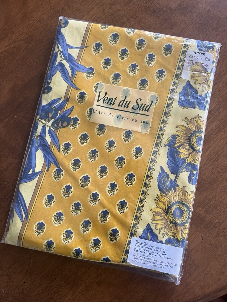 VTG France Provence Vent Du Sud Tablecloth Sunflower Blue Yellow 60x84 Oval NEW