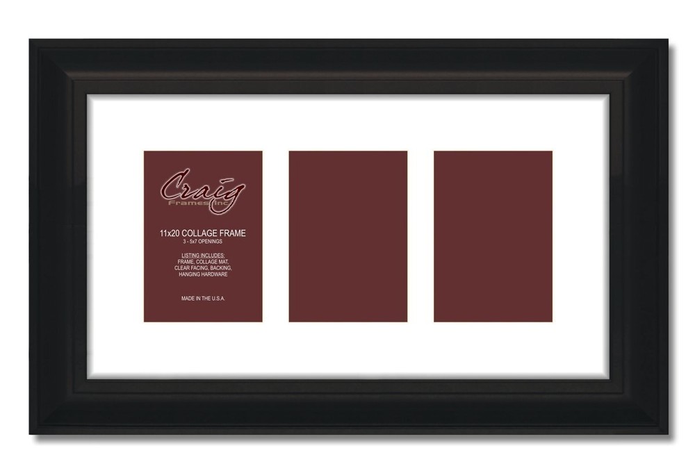 21834700BK 11x20 Black Picture Frame with White Collage Mat for 3 Photos  