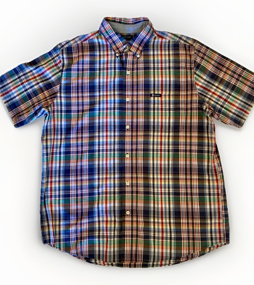 Chaps Plaid Button-Down Short Sleeve Easy Care Casual Mens Shirt Size Large
