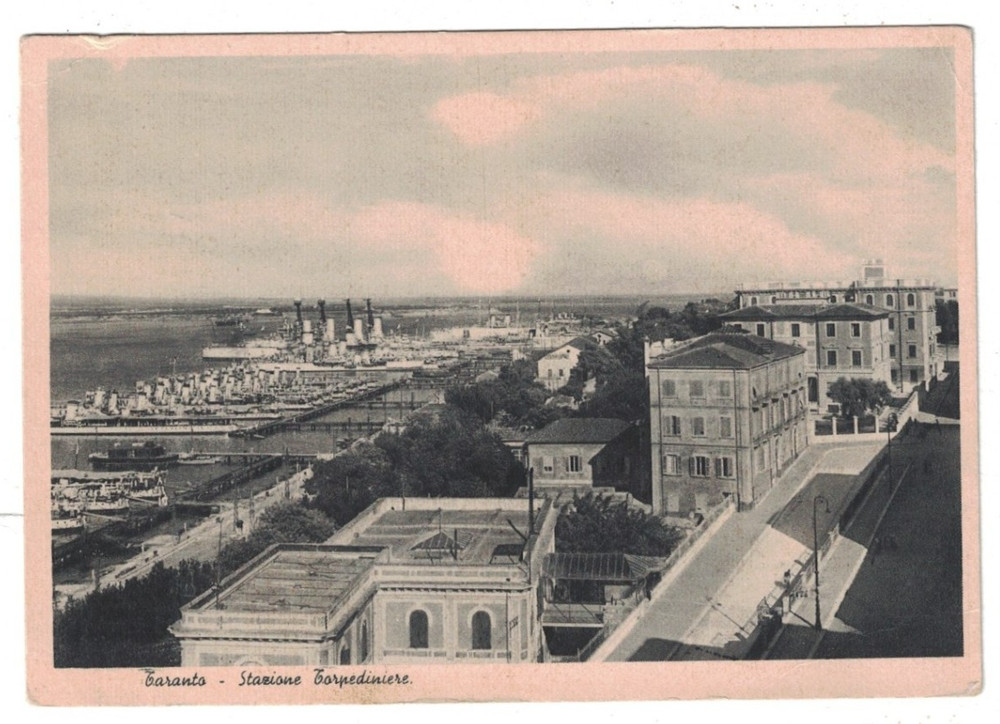 Antique Taranto Italy Stazione Torpediniere City View Harbor Ships Postcard
