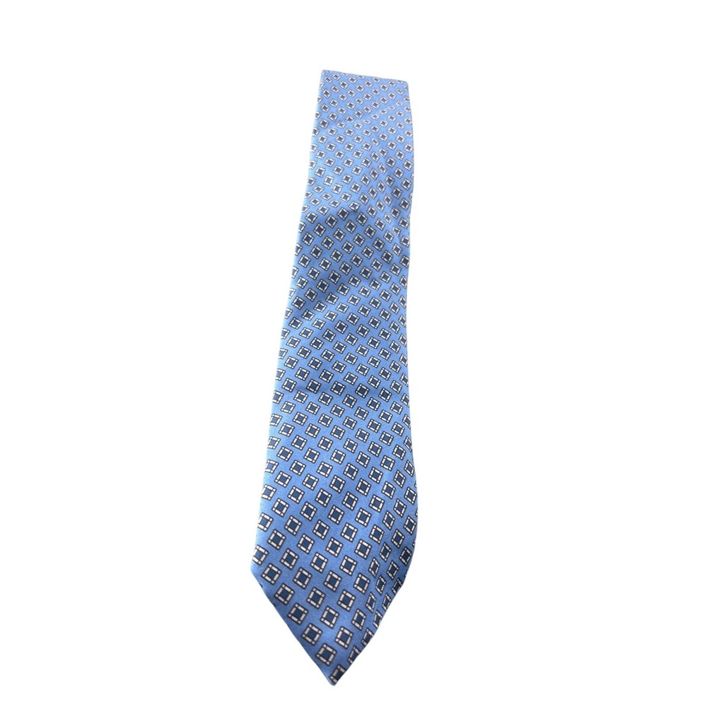 Polo Ralph Lauren Mens Silk Tie Blue Geometric Pattern Hand Made in Italy