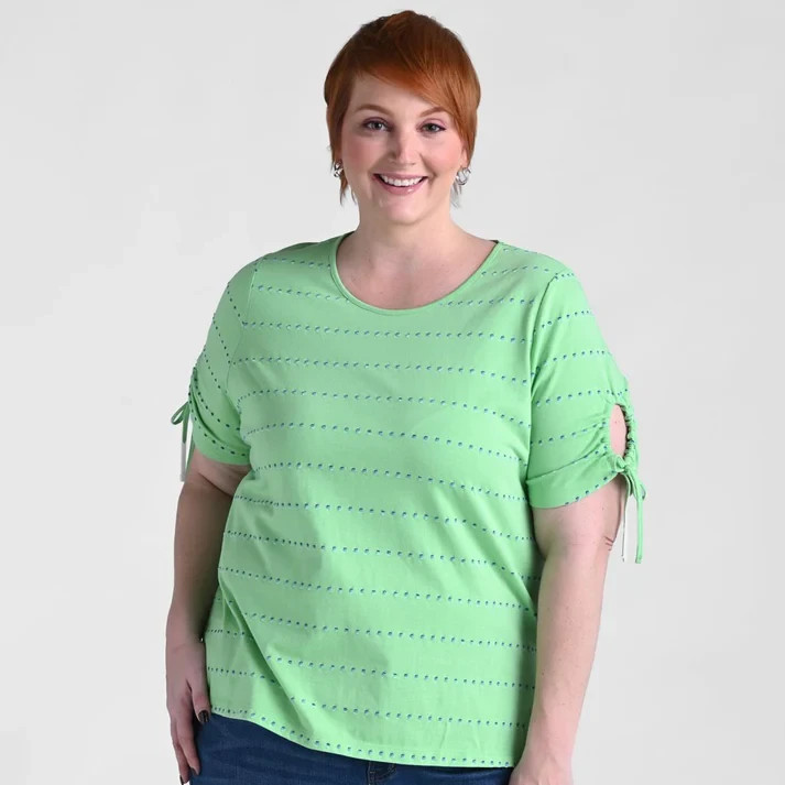 NEW CJ BANKS Women's Textured Dot Striped Tie Sleeve Top Green Size 2X*
