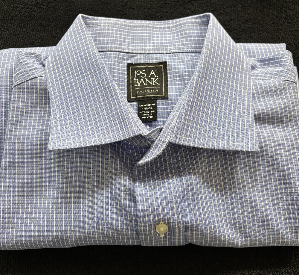 Jos A Bank Shirt Traveler Mens 17.5 34 Blue White Stripe Button Up Long Sleeve