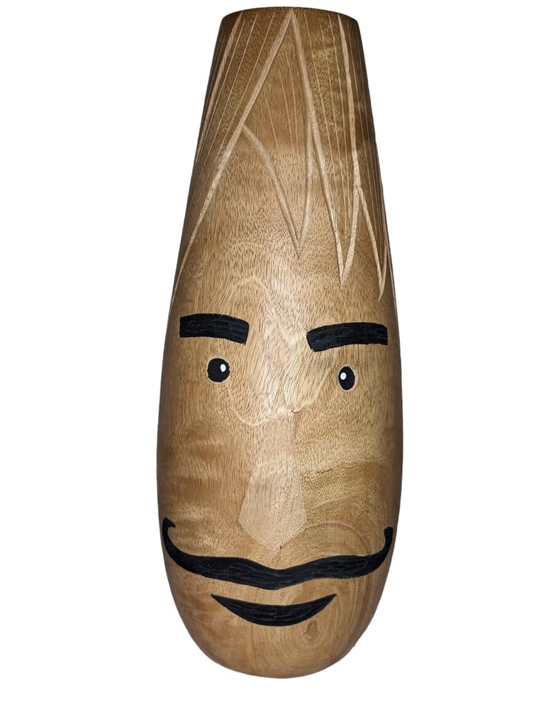 Folk Art Abstract Carved Hand Painted Wood Vase Face With Mustache Approx 15.25”-image