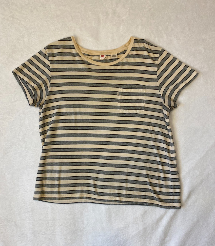 Levi's Striped Tee Shirt Women's Size Large Gray Cream Classic Retro 80s