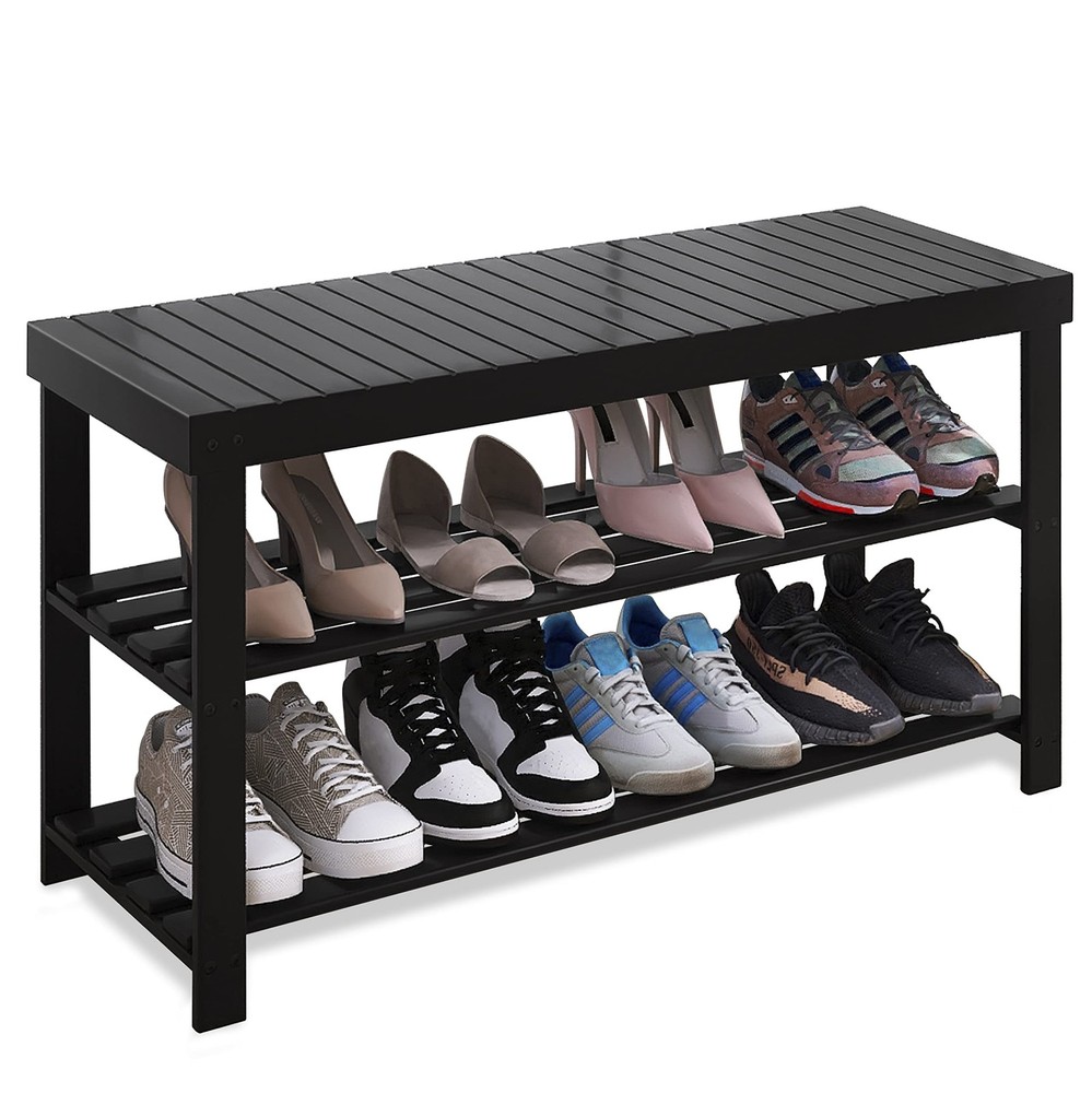 Bamboo 3-Tier Shoe Rack Bench with Storage Shelf for Entryway or Hallway