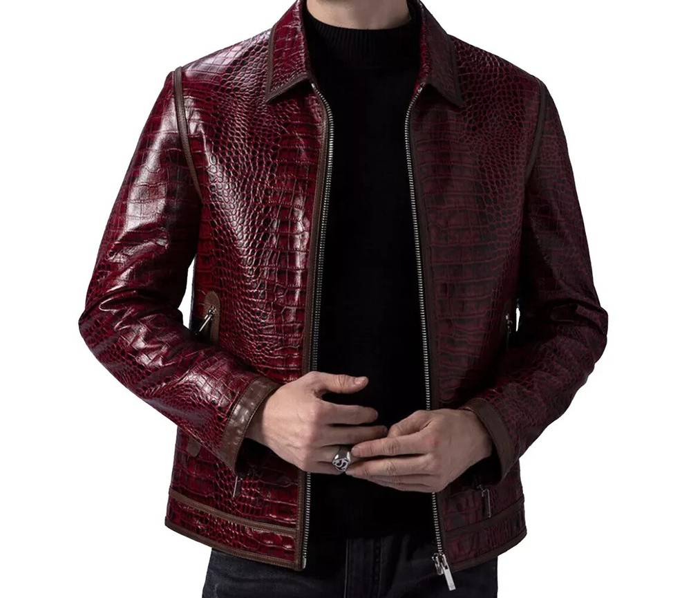 Men's Burgundy Crocodile Embossed Leather Jacket Luxury Alligator Print Jacket