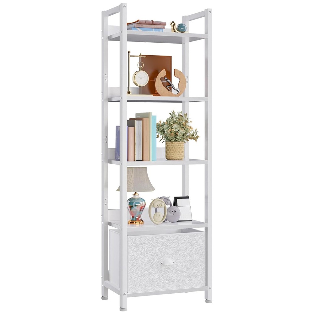 5 Tier Bookshelf with Drawer Wood Display Corner Shelf Tall Narrow Bookcase