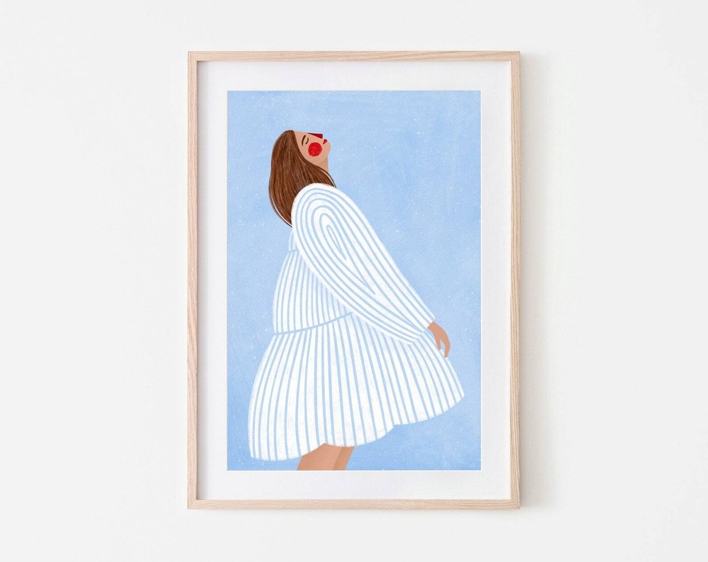 The Woman With The Blue Stripes Colourful Art Print Line Illustration Stripes