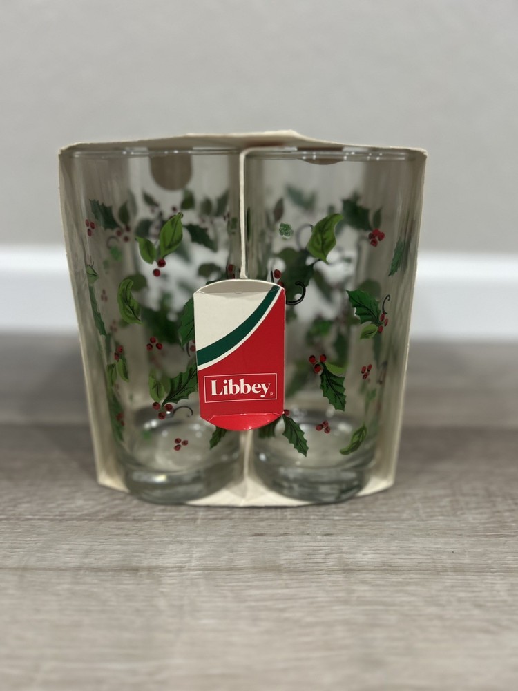 NIP Vintage Libbey Holly Berry Set Of 4 ~ 15oz Drinking Glasses