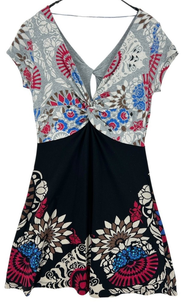 DESIGUAL Women V-Neck Short Sleeve Dress Floral Size XL