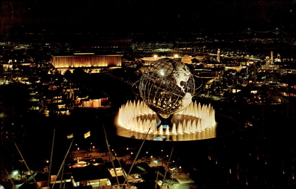 1964 New York World's Fair Unisphere Night View Shea Stadium MCM Postcard