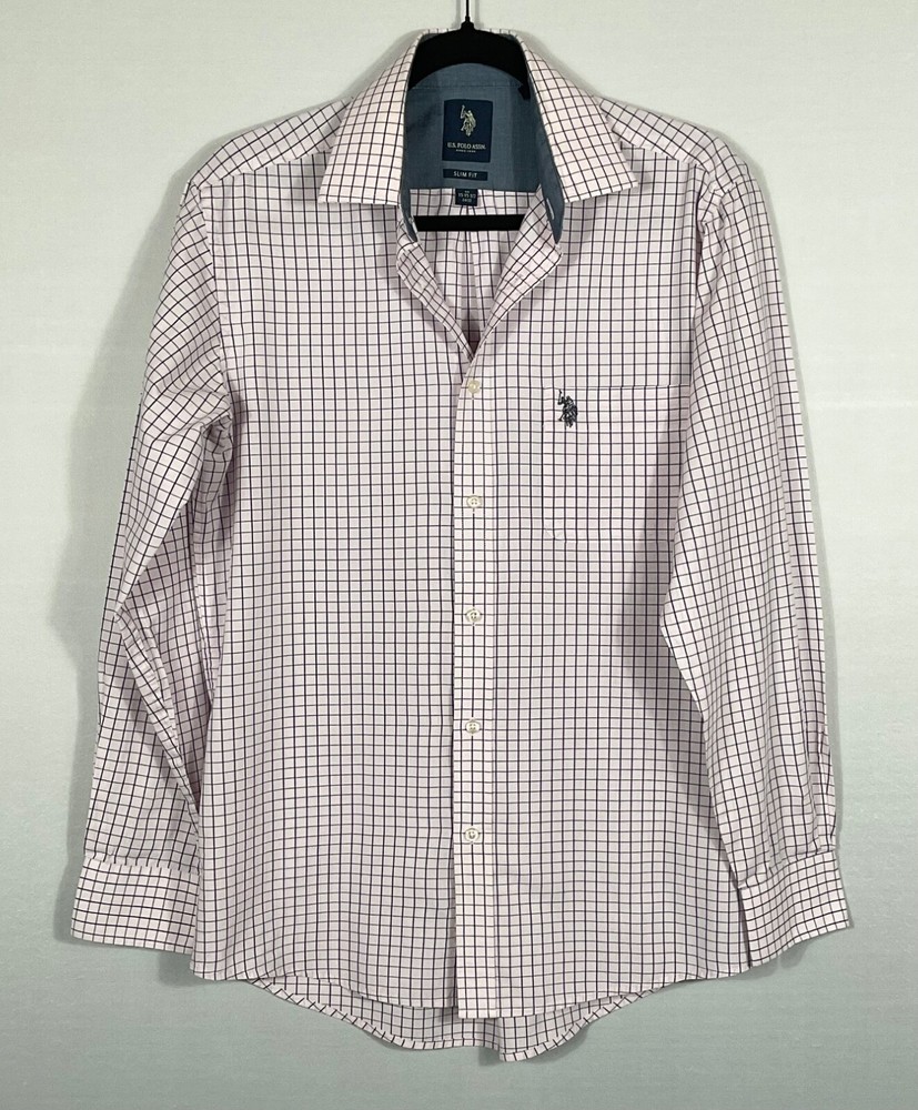 U.S. Polo Assn Shirt Mens M Pink Navy Blue Plaid Button Up Collared Long Sleeves