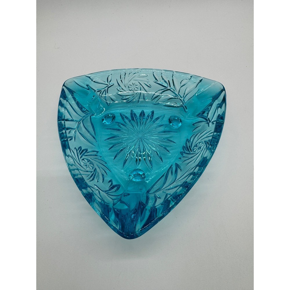 Vintage Blue Hazel Atlas Footed Glass Triangular Ashtray Starburst Pressed
