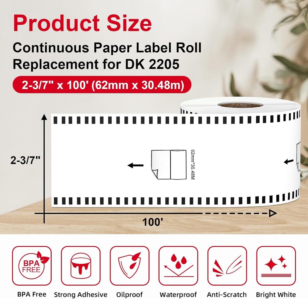 12 Rolls 2.4x100ft Continuous Paper Label Replacement Compatible with DK-2205