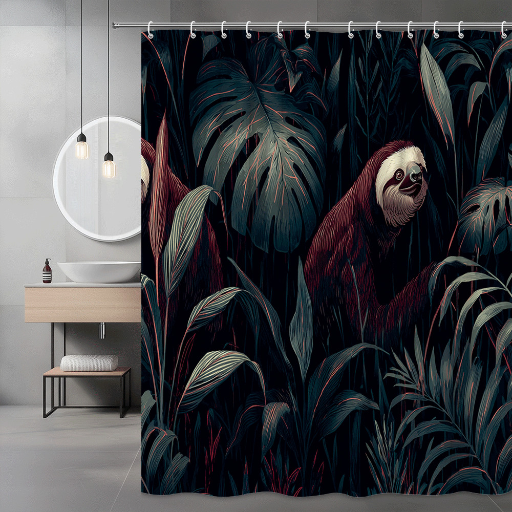 Sloth Tropical Leaves Shower Curtain Dark Jungle Print