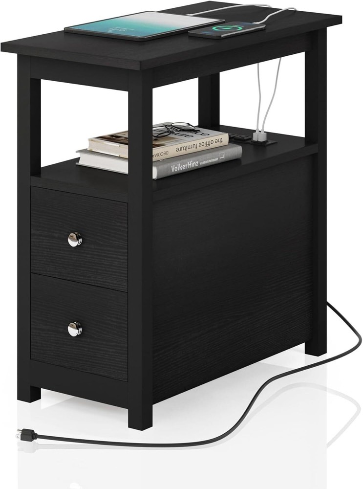 Modern End Table with 2 Drawers, USB Ports & Power Outlet