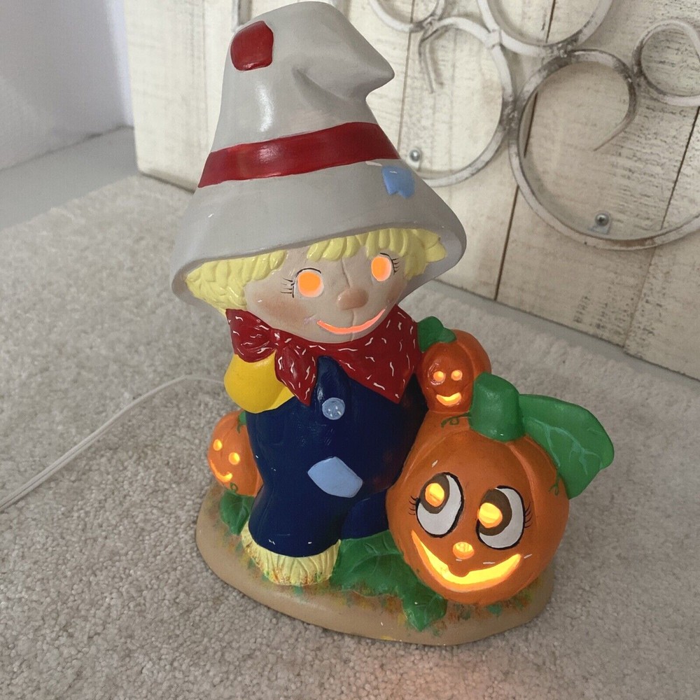 Vintage Halloween Jack-O-Lantern with Scarecrow Ceramic Lamp Light 10