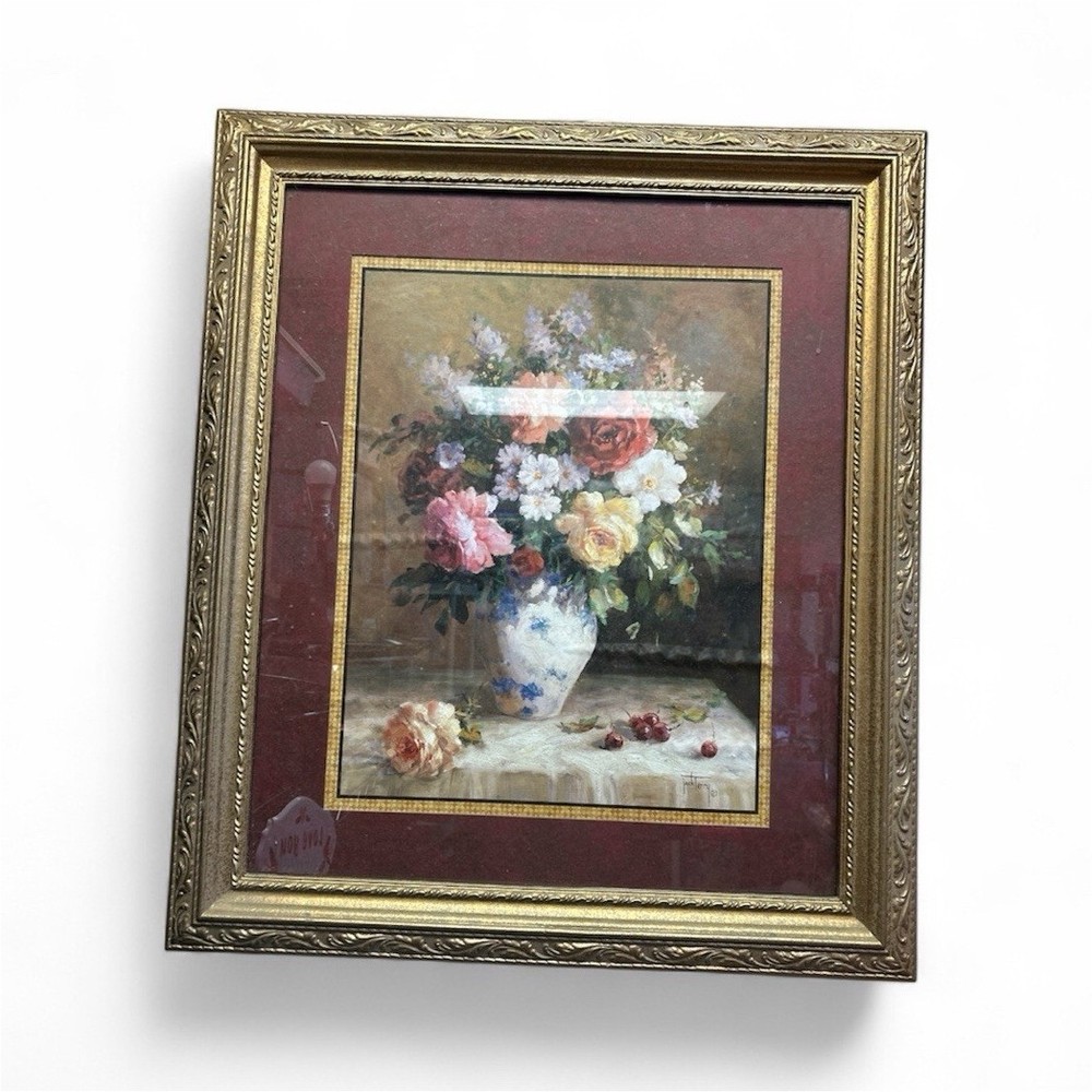 Still Life Floral Vase Painting on Canvas, Small Framed Art with Ornate Frame