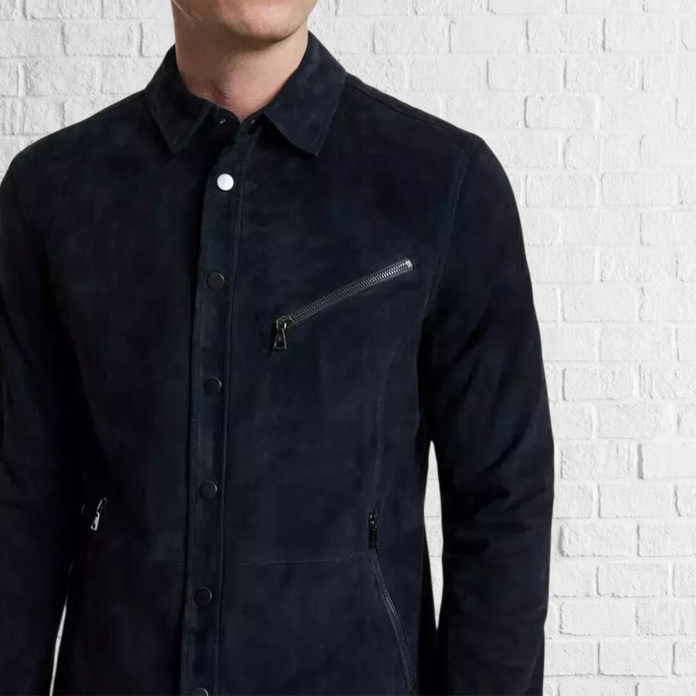 Men Dark Blue Suede Leather Shirt Premium Vintage Full Sleeves Button Jacket