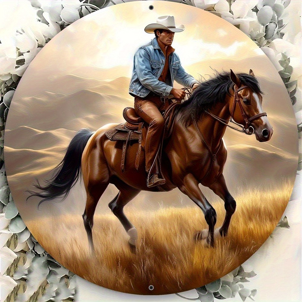 Classic Western Cowboy on Horse Sunset 8x8 Inch Round Aluminum Wall Art Sign