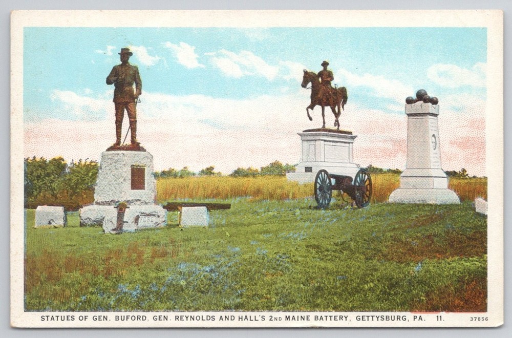 Gettysburg PA Civil War Statues Gen Buford Reynolds Hall's Battery Postcard
